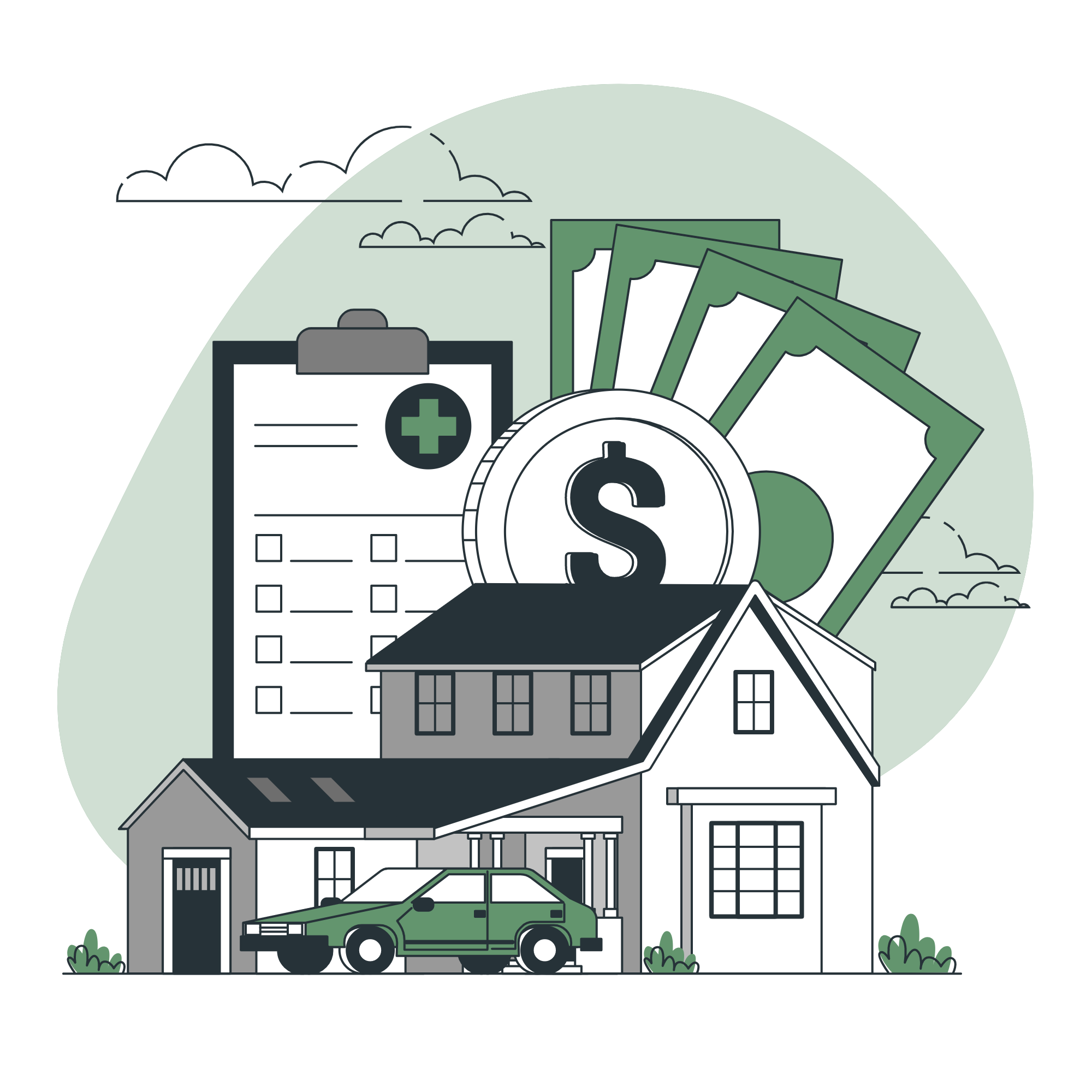 A-large-house-with-a-sedan-parked-in-front-and-the-image-of-money-portrayed-in-the-background-symbolizing-insurance-coverage-salt-and-pepper-finance