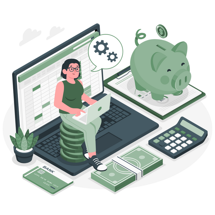 A-woman-working-on-a-computer-completeing-her-budget-surrounded-by-money-a-piggy-bank-and calculator